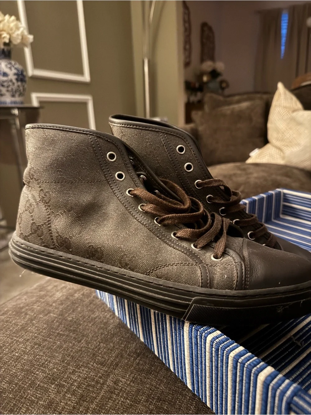 Gucci Men's High-Top Sneakers in Dark Brown Canvas
